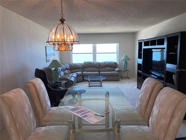 living room featuring a textured ceiling, light carpet, and an inviting chandelier