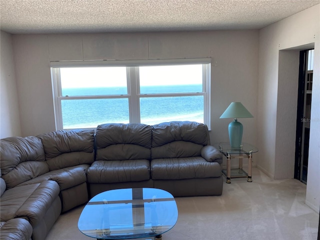 living room featuring a water view, a textured ceiling, and a wealth of natural light