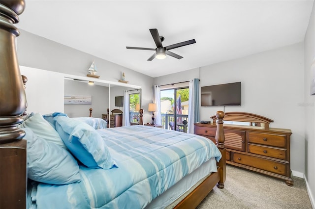 carpeted bedroom featuring ceiling fan and access to exterior