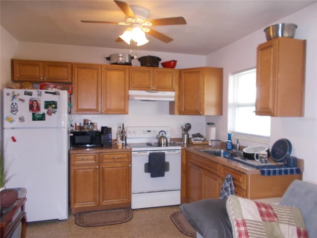 kitchen with ceiling fan, white appliances, and sink