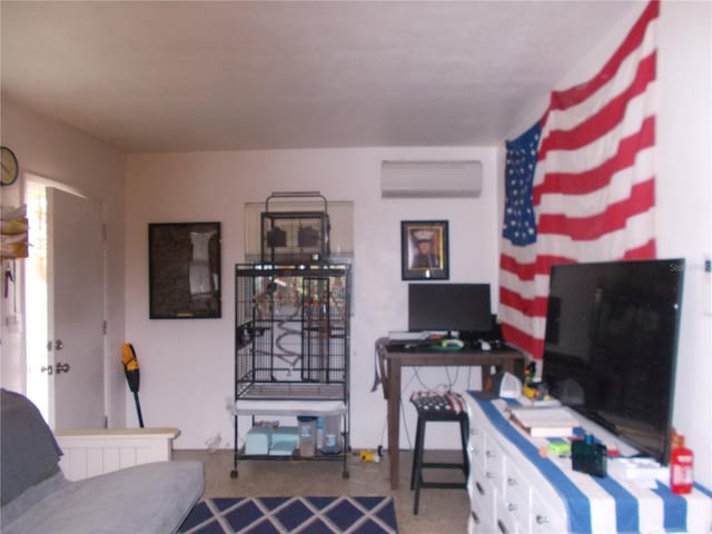 carpeted office space featuring an AC wall unit