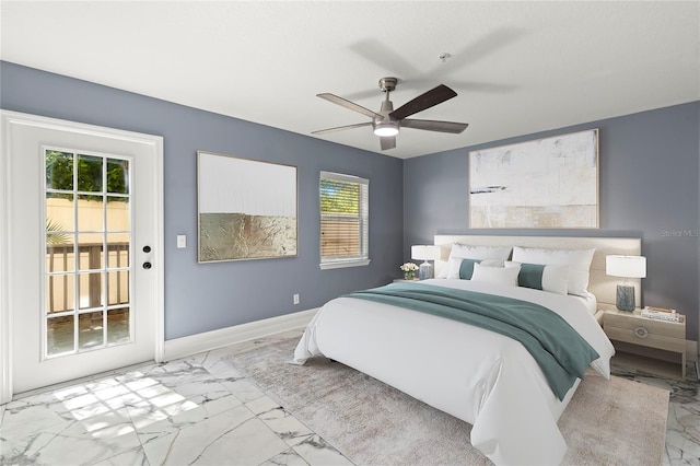 tiled bedroom featuring ceiling fan and access to outside