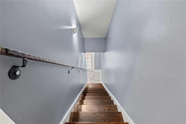 stairway featuring dark wood-type flooring