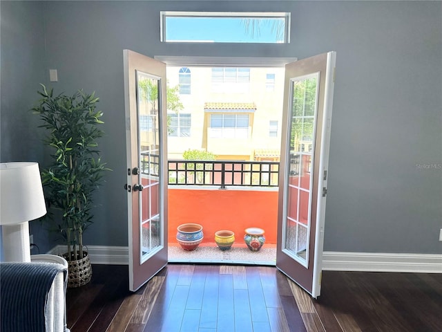 doorway featuring french doors, a wealth of natural light, and dark wood-type flooring