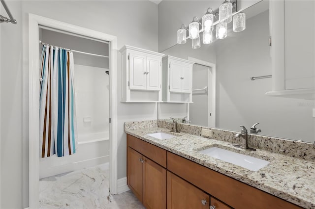 bathroom with shower / tub combo with curtain, dual vanity, and tile flooring