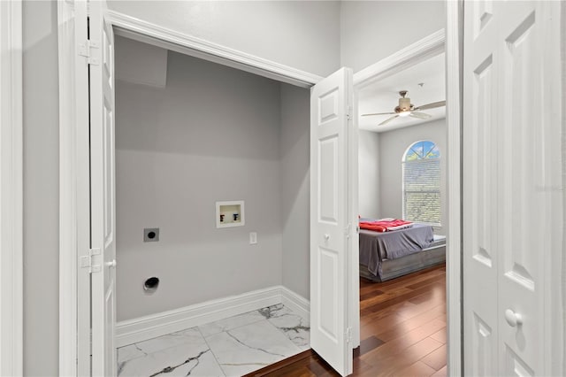 laundry room with ceiling fan, tile floors, washer hookup, and electric dryer hookup