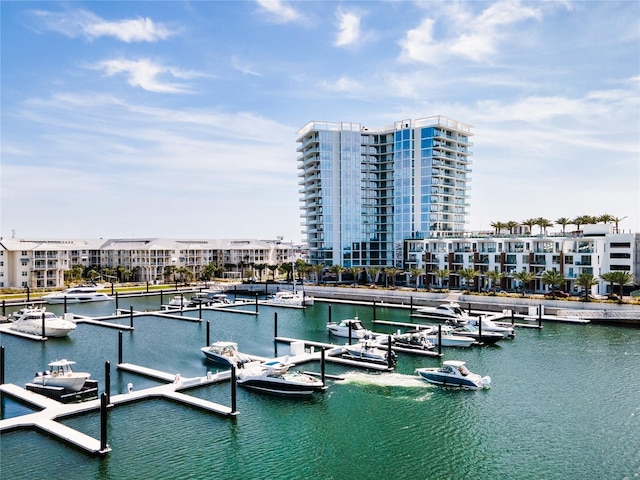 view of dock with a water view