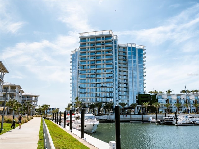 view of building exterior featuring a water view