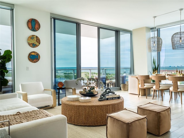 living room featuring a wall of windows, a water view, and light hardwood / wood-style flooring