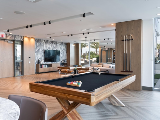 rec room with light parquet flooring and pool table