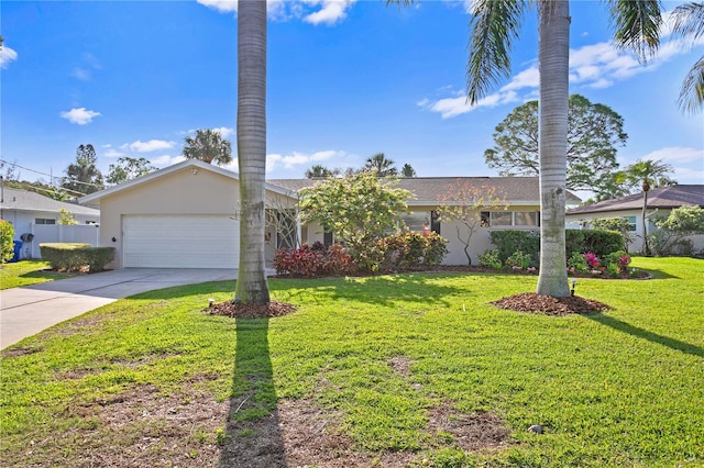 single story home with a garage and a front yard