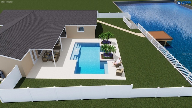 view of pool with a patio area and a lawn