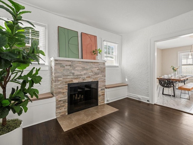 living room with hardwood / wood-style floors, a stone fireplace, and a healthy amount of sunlight