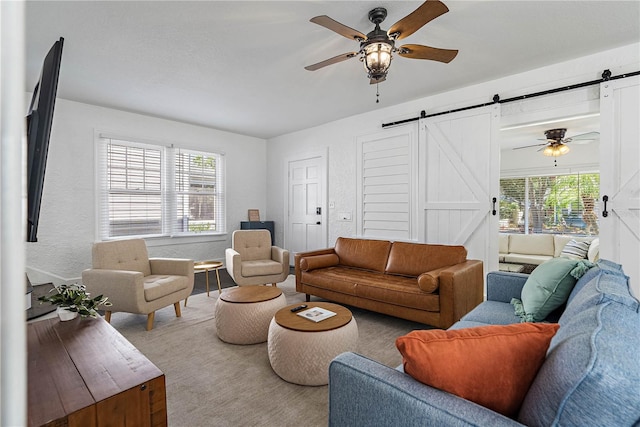 living room featuring a barn door, ceiling fan, and a wealth of natural light