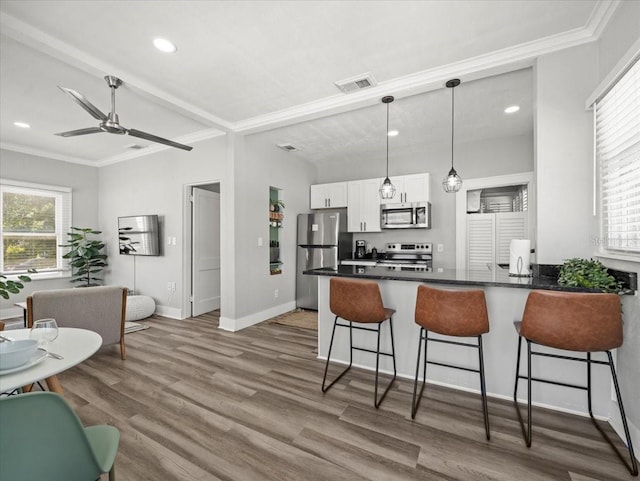 kitchen featuring white cabinetry, hanging light fixtures, dark hardwood / wood-style floors, ceiling fan, and stainless steel appliances