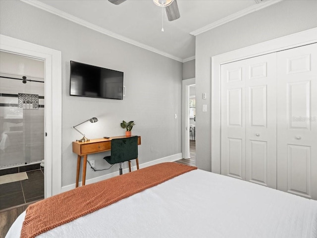 tiled bedroom featuring ornamental molding and ceiling fan