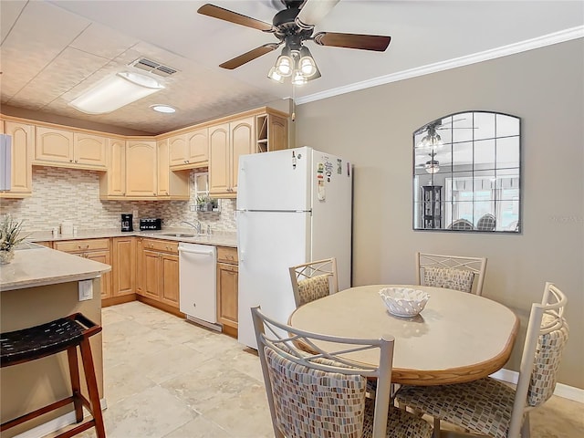 kitchen featuring light brown cabinets, light tile flooring, ceiling fan, white appliances, and backsplash