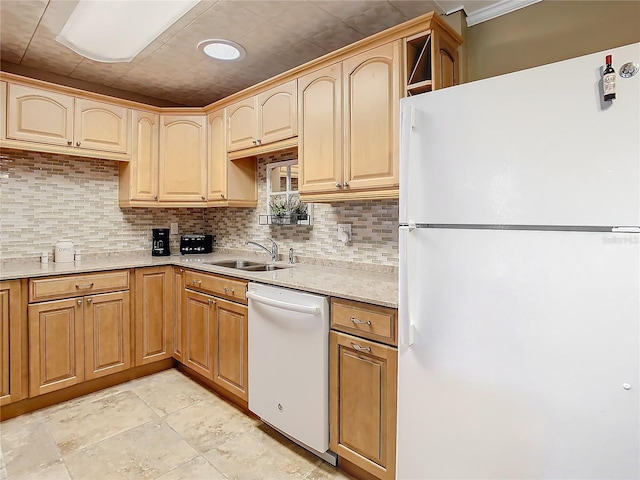 kitchen with light brown cabinetry, white appliances, sink, backsplash, and light tile flooring