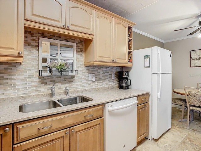 kitchen featuring light tile floors, ceiling fan, white appliances, and tasteful backsplash