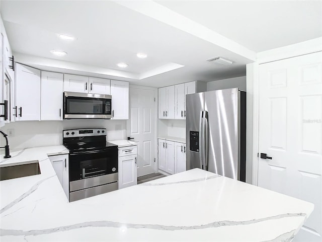 kitchen featuring white cabinetry, stainless steel appliances, light stone countertops, and sink