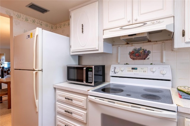 kitchen featuring white cabinets, backsplash, premium range hood, and white appliances