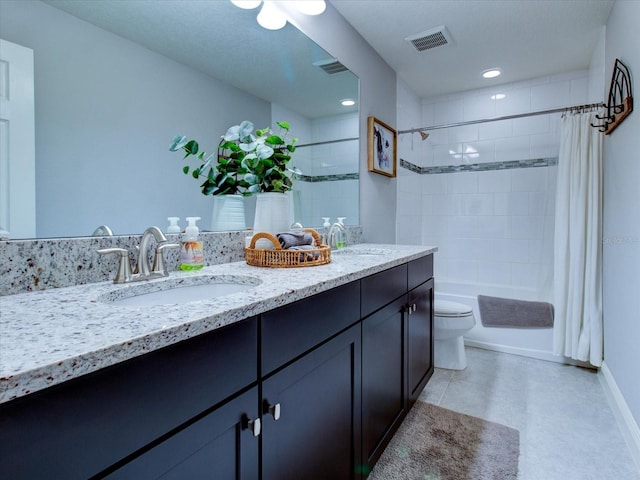 full bathroom with toilet, vanity, and shower / tub combo with curtain