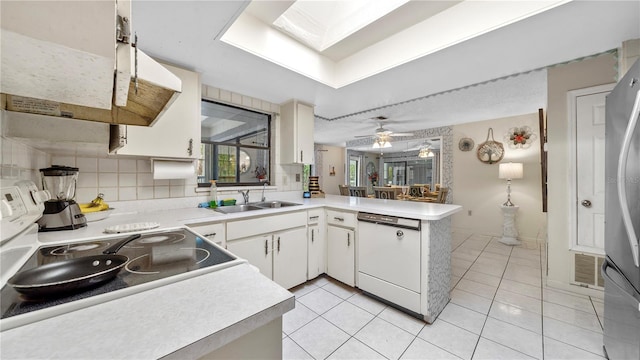 kitchen with ceiling fan, sink, dishwasher, tasteful backsplash, and exhaust hood