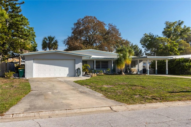 ranch-style home with a garage and a front lawn