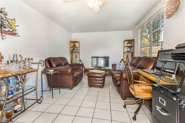 tiled office space with ceiling fan