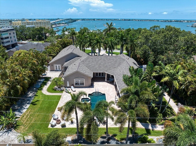 aerial view featuring a water view