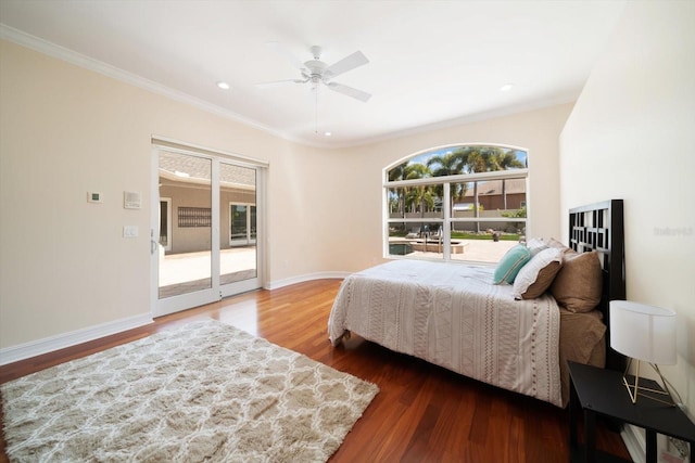 bedroom with access to exterior, ornamental molding, ceiling fan, and wood-type flooring