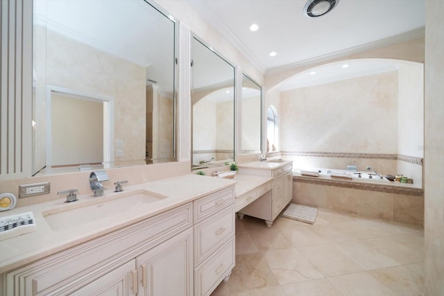 bathroom with a relaxing tiled bath, ornamental molding, tile floors, dual sinks, and oversized vanity