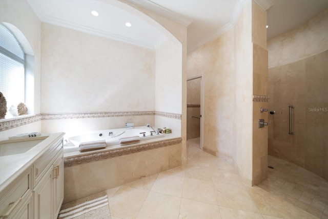 bathroom with vanity, tile flooring, independent shower and bath, and ornamental molding