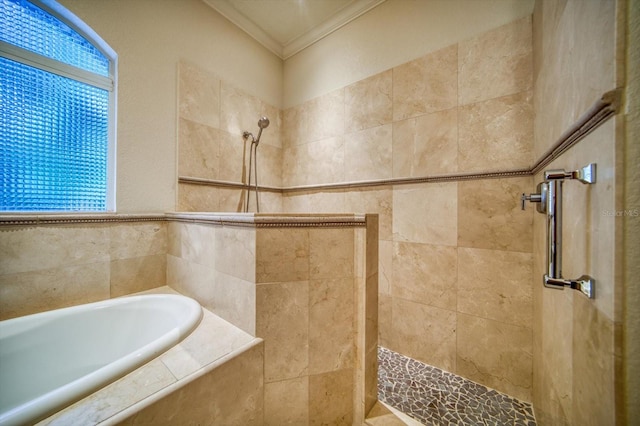 bathroom featuring plus walk in shower and ornamental molding