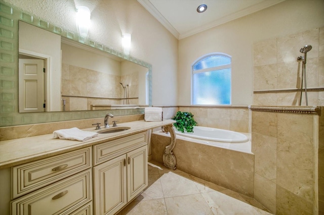 bathroom with tile flooring, large vanity, and ornamental molding