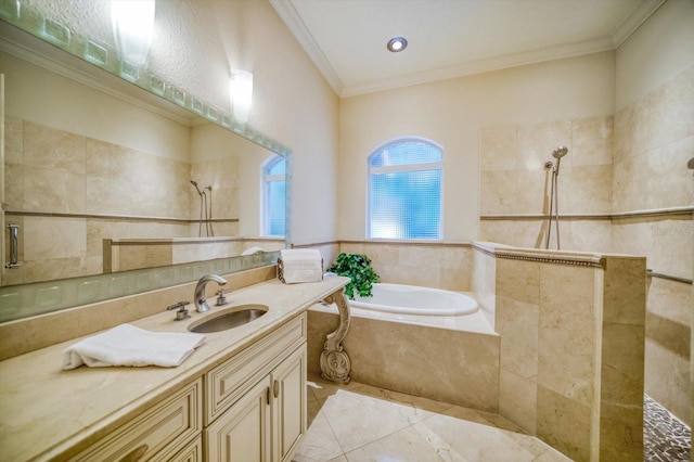 bathroom featuring oversized vanity, shower with separate bathtub, ornamental molding, and tile flooring