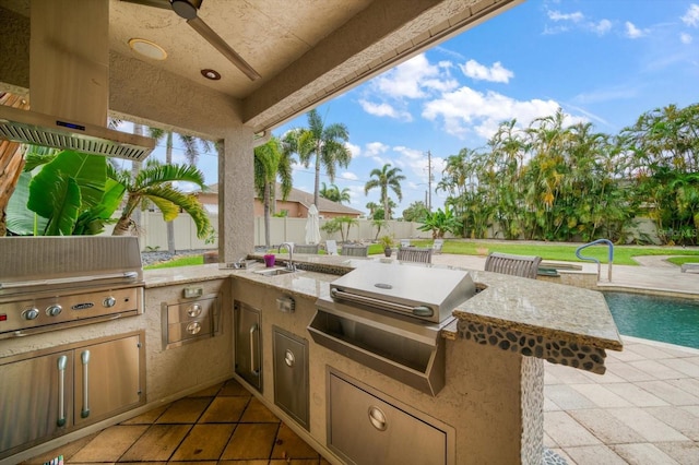 view of patio featuring area for grilling, an outdoor kitchen, and ceiling fan