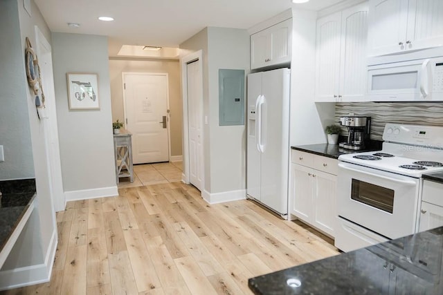 kitchen featuring light hardwood / wood-style floors, white appliances, white cabinetry, and electric panel