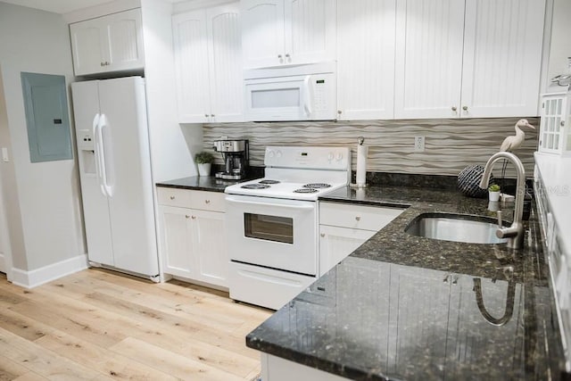 kitchen with electric panel, sink, white appliances, white cabinetry, and light hardwood / wood-style floors