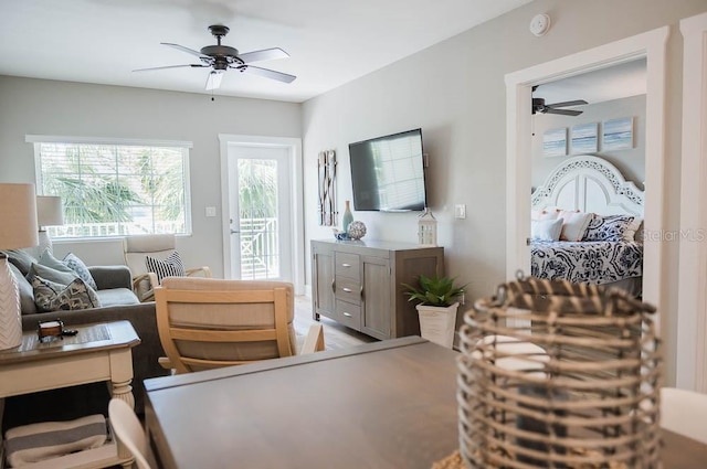 living room featuring ceiling fan