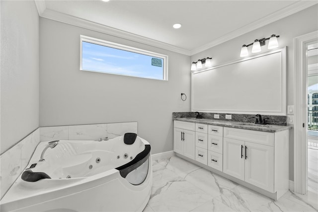 bathroom with ornamental molding, double vanity, and tile flooring