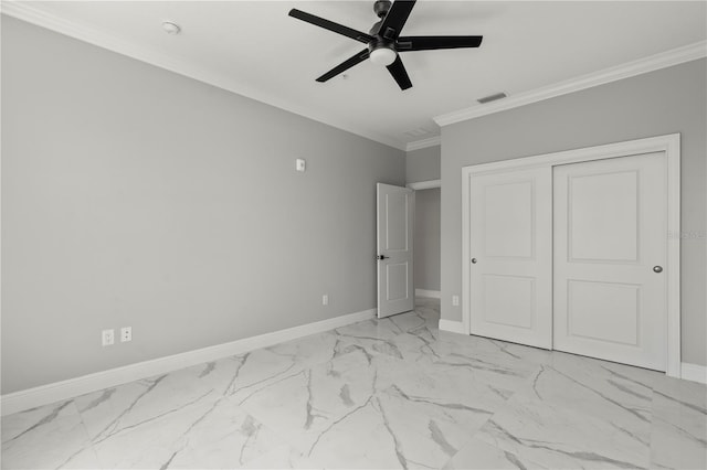 unfurnished bedroom featuring a closet, ceiling fan, light tile floors, and ornamental molding