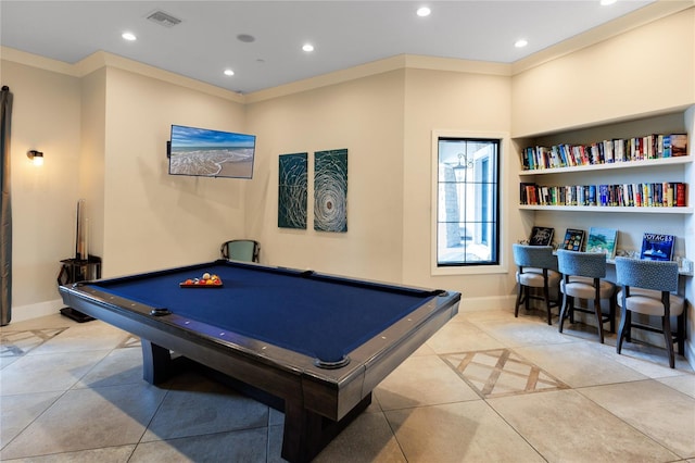 recreation room with light tile patterned floors, pool table, and crown molding