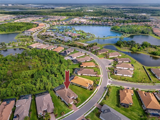 aerial view featuring a water view