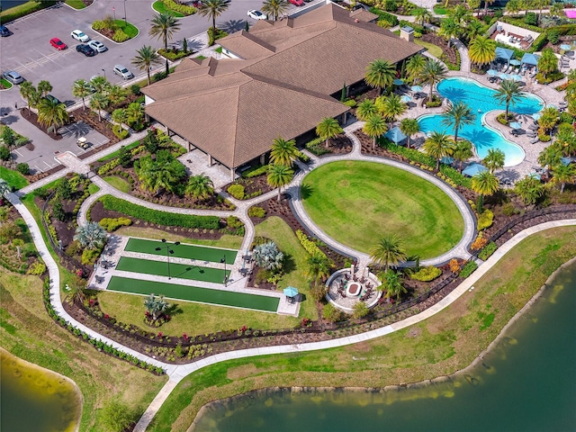 drone / aerial view featuring a water view