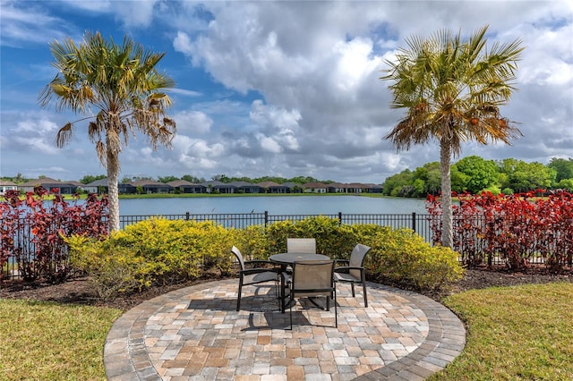 view of patio / terrace featuring a water view