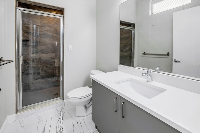 bathroom featuring toilet, tile floors, an enclosed shower, and oversized vanity