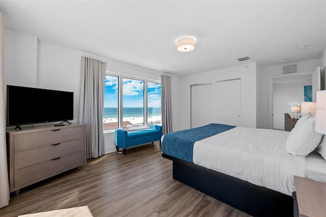 bedroom with hardwood / wood-style flooring and a closet