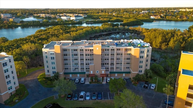 drone / aerial view with a water view