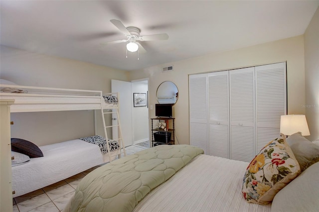 bedroom with a closet, visible vents, and a ceiling fan